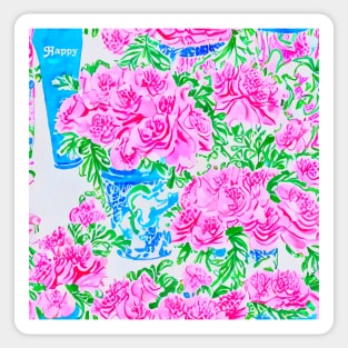 “Happy”Lilly Pulitzer style roses in chinoiserie jars seamless pattern Sticker